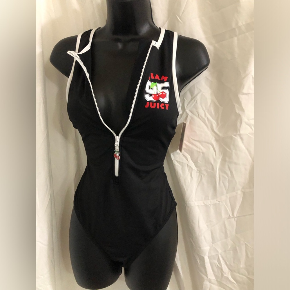 Juicy Couture black zip front swimsuit with juicy logo cherry zip pull size‎ L